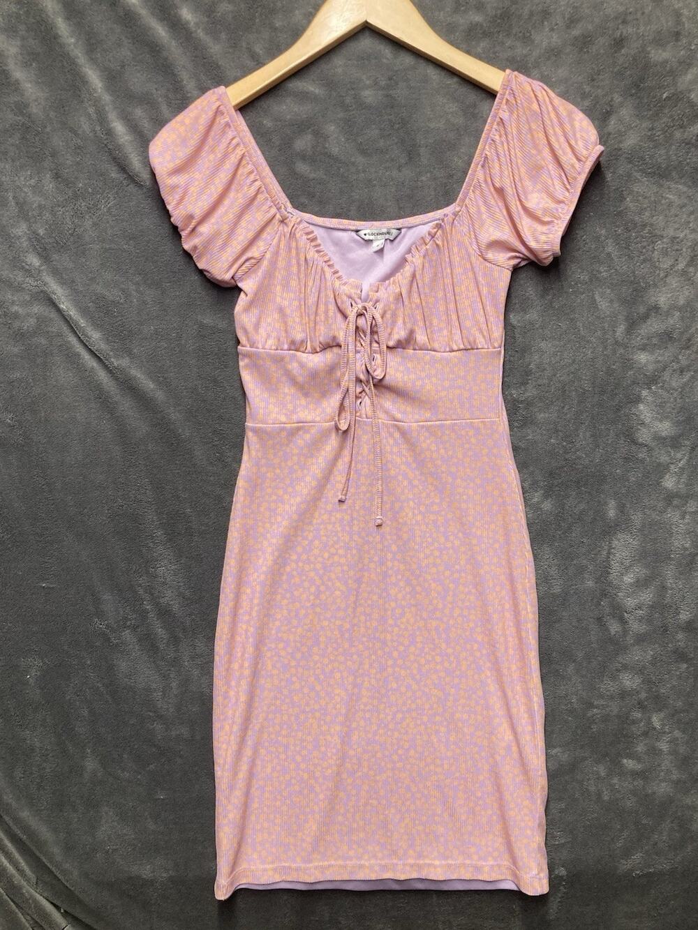 Y2K Clockhouse Ribbed Milkmaid Tie Front Bodycon Mini Dress Ditsy Print Pink JrS
